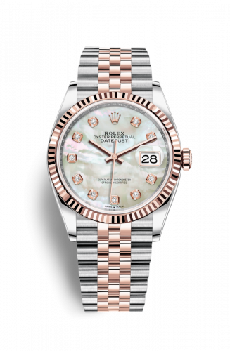 Rolex Datejust 36 Stainless Steel and Rose Gold White Mother Of Pearl Diamond Dial Jubilee Fluted Bezel
Ref. 126231-0021