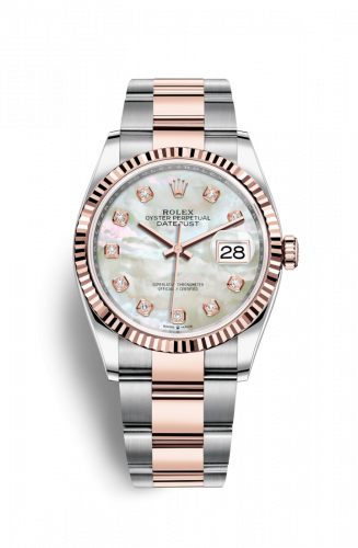 Rolex Datejust 36 Stainless Steel and Rose Gold White Mother Of Pearl Diamond Dial Oyster Fluted Bezel
Ref. 126231-0022