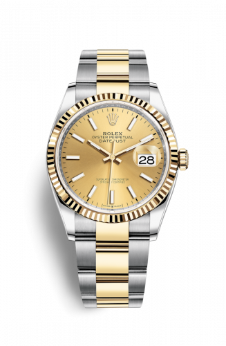 Rolex Datejust 36 Stainless Steel and Yellow Gold Champagne Index Dial Oyster Fluted Bezel
Ref. 126233-0016