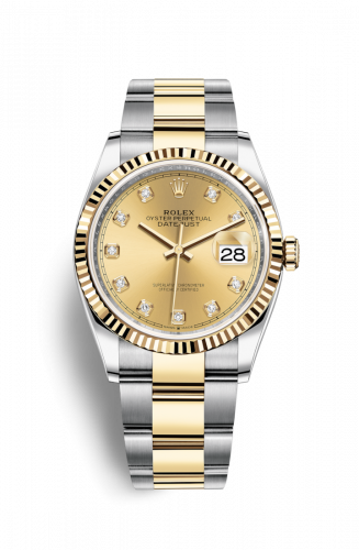 Rolex Datejust 36 Stainless Steel and Yellow Gold Champagne Diamond Dial Oyster Fluted Bezel
Ref. 126233-0018