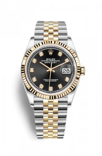 Rolex Datejust 36 Stainless Steel and Yellow Gold Black Diamond Dial Jubilee Fluted Bezel
Ref. 126233-0021