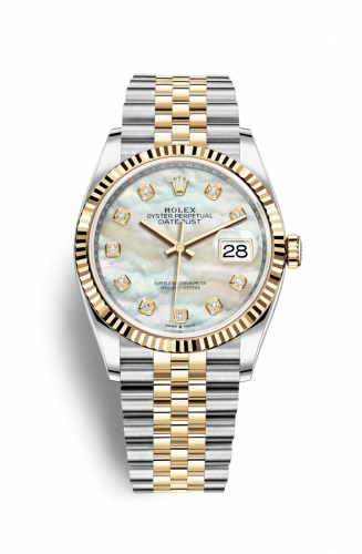 Rolex Datejust 36 Stainless Steel and Yellow Gold White Mother Of Pearl Diamond Dial Jubilee Fluted Bezel
Ref. 126233-0023
