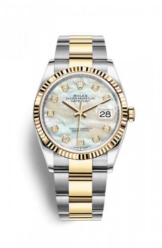 Rolex Datejust 36 Stainless Steel and Yellow Gold White Mother Of Pearl Diamond Dial Oyster Fluted Bezel
Ref. 126233-0024