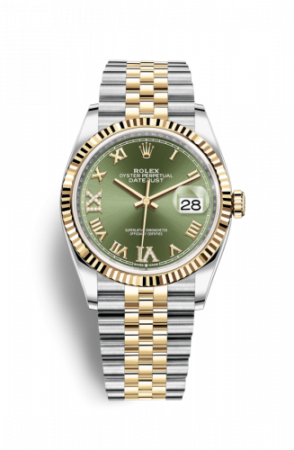 Rolex Datejust 36 Oystersteel / Yellow Gold Olive Green VI IX Diamond 6 & 9 Roman Dial Jubilee Fluted Bezel
Ref. 126233-0025