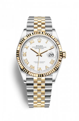 Rolex Datejust 36 Stainless Steel and Yellow Gold White Roman Dial Jubilee Fluted Bezel
Ref. 126233-0029