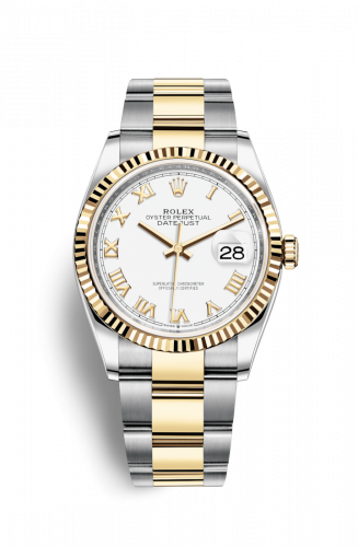 Rolex Datejust 36 Stainless Steel and Yellow Gold White Roman Dial Oyster Fluted Bezel
Ref. 126233-0030