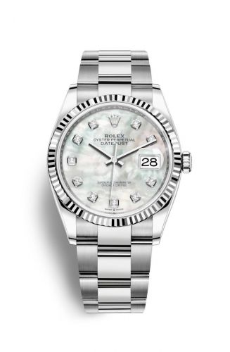 Rolex Datejust 36 Stainless Steel White Mother Of Pearl Diamond Dial Oyster Fluted Bezel
Ref. 126234-0020