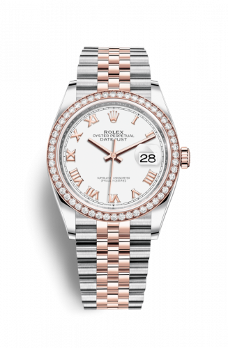 Rolex Datejust 36 Stainless Steel and Rose Gold White Roman Dial Jubilee Diamond Bezel
Ref. 126281RBR-0003