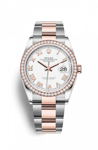 Rolex Datejust 36 Stainless Steel and Rose Gold White Roman Dial Oyster Diamond Bezel
Ref. 126281RBR-0004