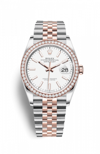 Rolex Datejust 36 Stainless Steel and Rose Gold White Index Dial Jubilee Diamond Bezel
Ref. 126281RBR-0005