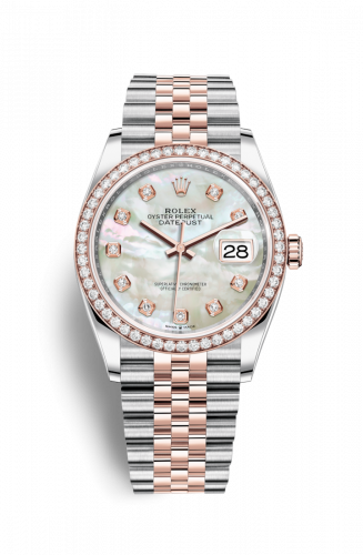 Rolex Datejust 36 Stainless Steel and Rose Gold White Mother Of Pearl Diamond Dial Jubilee Diamond Bezel
Ref. 126281RBR-0009