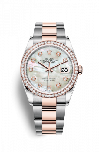 Rolex Datejust 36 Stainless Steel and Rose Gold White Mother Of Pearl Diamond Dial Oyster Diamond Bezel
Ref. 126281RBR-0010