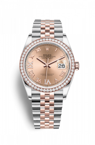 Rolex Datejust 36 Stainless Steel Rose Gold Pink Diamond VI IX Roman Dial Jubilee Diamond Bezel
Ref. 126281RBR-0015