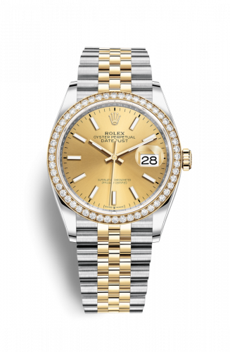 Rolex Datejust 36 Stainless Steel and Yellow Gold Champagne Index Dial Jubilee Diamond Bezel
Ref. 126283RBR-0001