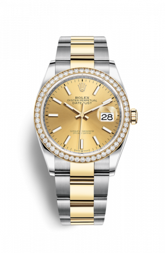 Rolex Datejust 36 Stainless Steel and Yellow Gold Champagne Index Dial Oyster Diamond Bezel
Ref. 126283RBR-0002