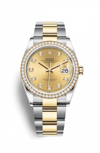 Rolex Datejust 36 Stainless Steel and Yellow Gold Champagne Diamond Dial Oyster Diamond Bezel
Ref. 126283RBR-0004