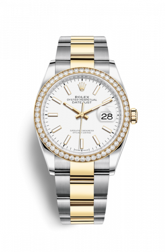 Rolex Datejust 36 Stainless Steel and Yellow Gold White Index Dial Oyster Diamond Bezel
Ref. 126283RBR-0006