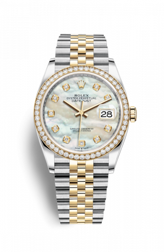 Rolex Datejust 36 Stainless Steel and Yellow Gold White Mother Of Pearl Diamond Dial Jubilee Diamond Bezel
Ref. 126283RBR-0009