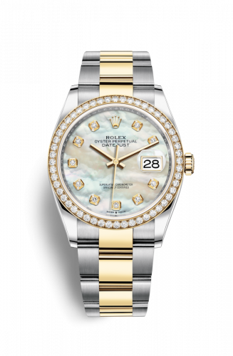 Rolex Datejust 36 Stainless Steel and Yellow Gold White Mother Of Pearl Diamond Dial Oyster Diamond Bezel
Ref. 126283RBR-0010