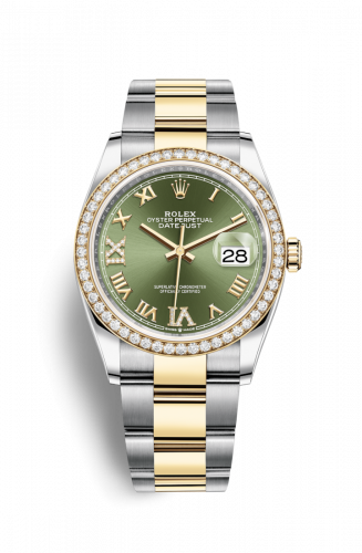 Rolex Datejust 36 Stainless Steel Yellow Gold Olive Green Diamond VI IX Roman Dial Oyster Diamond Bezel
Ref. 126283RBR-0012