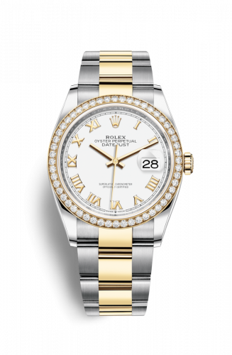 Rolex Datejust 36 Stainless Steel and Yellow Gold White Roman Dial Oyster Diamond Bezel
Ref. 126283RBR-0016