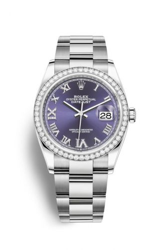 Rolex Datejust 36 Stainless Steel Purple Diamond VI IX Roman Dial Oyster Diamond Bezel
Ref. 126284RBR-0014