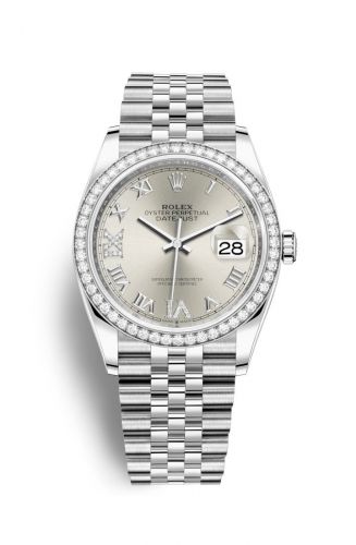 Rolex Datejust 36 Stainless Steel Silver Diamond VI IX Roman Dial Jubilee Diamond Bezel
Ref. 126284RBR-0021