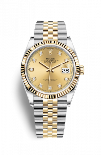 Rolex Datejust 36 Stainless Steel and Yellow Gold Champagne Diamond Dial Jubilee Fluted Bezel
Ref. 126233-0017